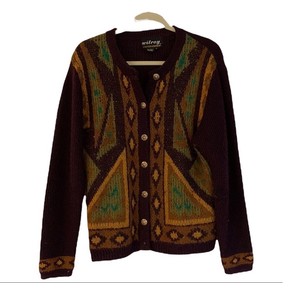 Vintage Sweaters - VTG Wilroy Wool Blend Southwest Aztec Geo Cardigan Sweater Women Medium Western